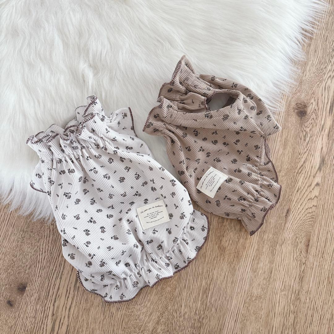 ハンドメイド　小花柄カムソンコーデュロイ　立ち襟バルーンチュニック