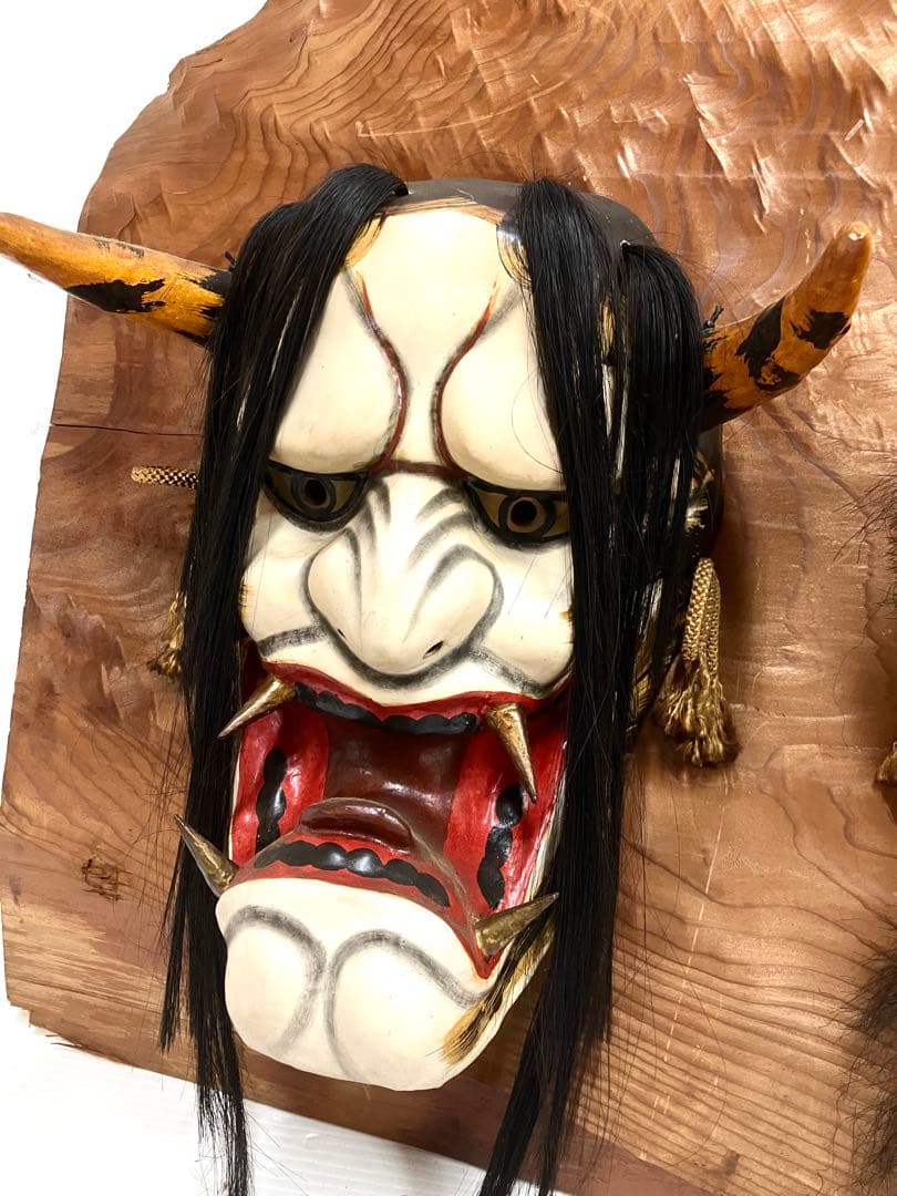 石見神楽面◆般若／男鬼 2面セット◆乾漆造 特大 壁掛け 招福 蔵出し