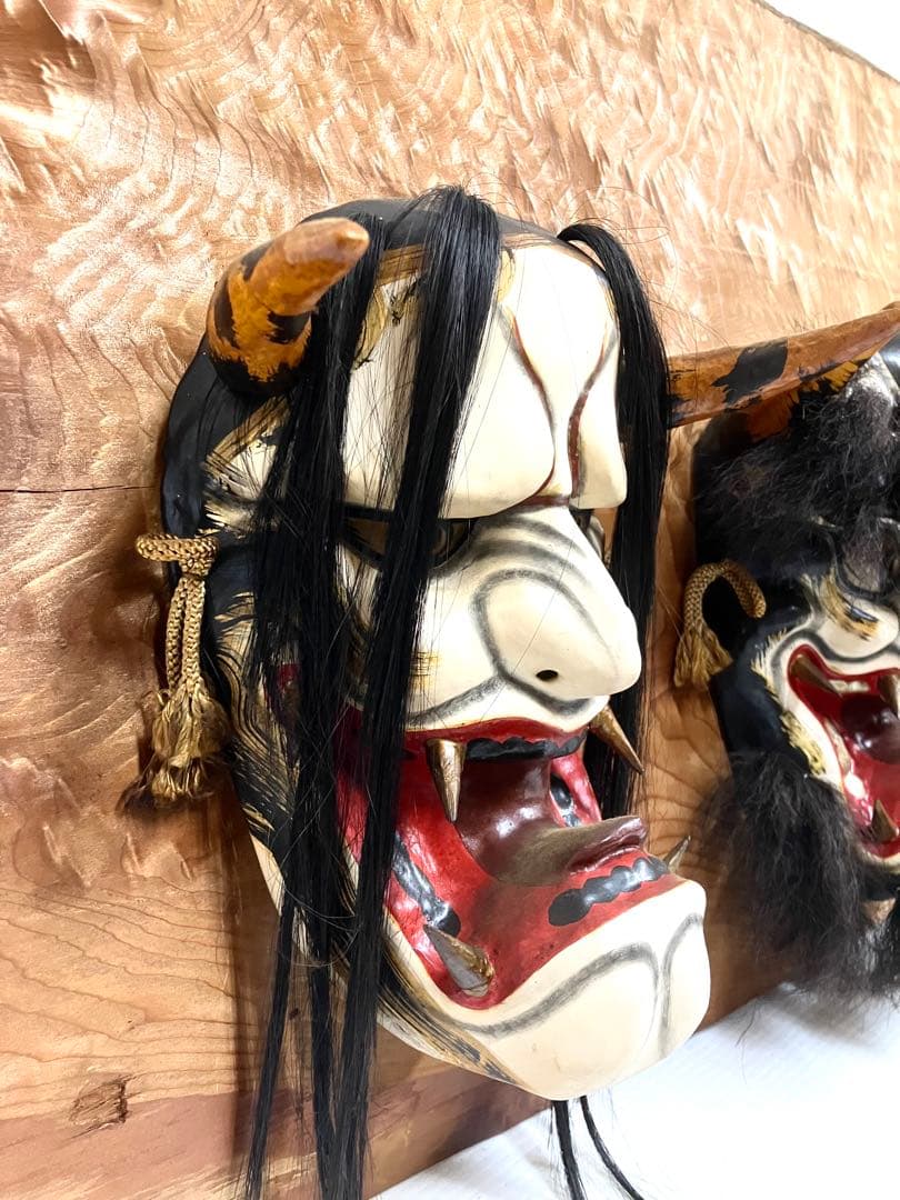 石見神楽面◆般若／男鬼 2面セット◆乾漆造 特大 壁掛け 招福 蔵出し