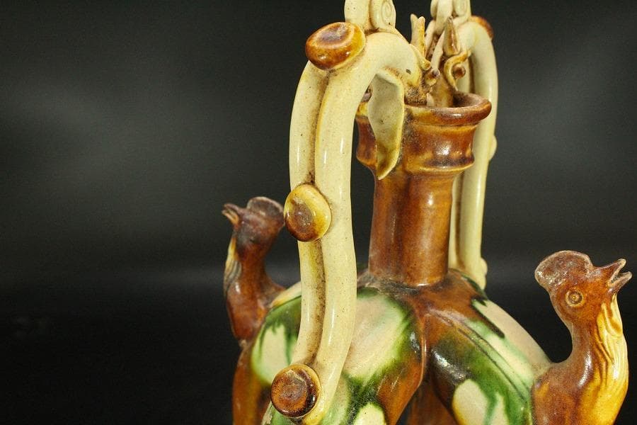 中国美術 唐三彩 双龍耳 鶏頭 瓶 高30cm 希少(LC242)