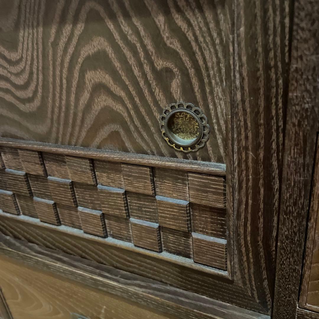 茶箪笥　桑材　木製ガラス扉付き和風収納棚　高さ120cm 食器棚