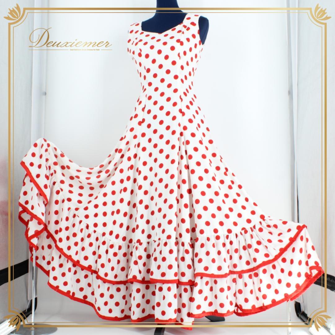 【フラメンコ衣装】ホワイト ワンピース ドレス ドット 赤 レッド ボランテ