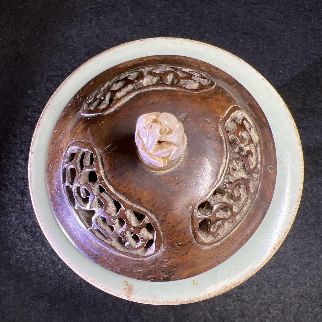 中国明時代　龍泉窯　白砡摘唐木台青磁香炉　木箱付　東Y8-0128☆2Fトカサ