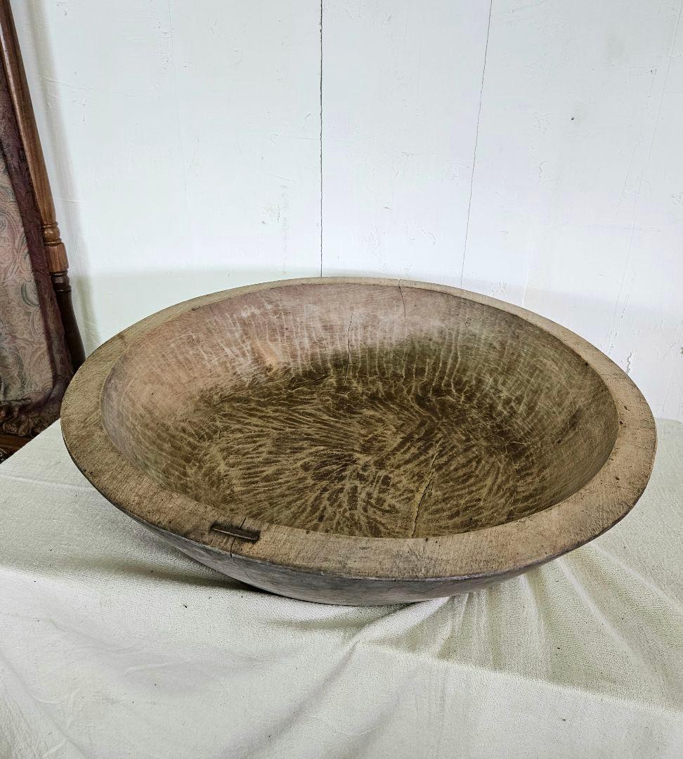 日本のアンティーク 無垢材のこね鉢 鎹継ぎ くりぬき ウッドボウル ガーデニング