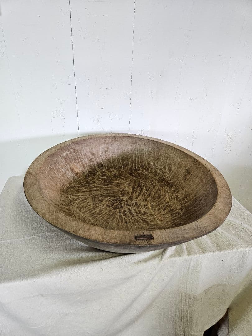 日本のアンティーク 無垢材のこね鉢 鎹継ぎ くりぬき ウッドボウル ガーデニング