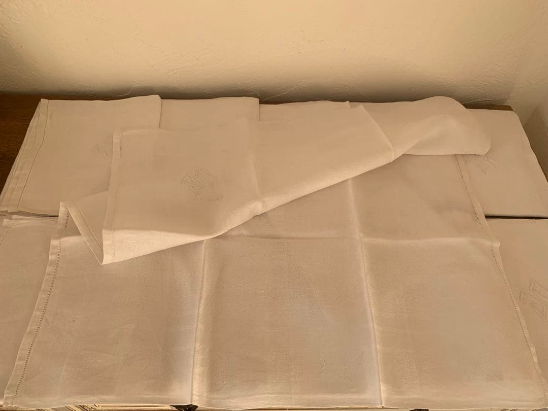 フランス　蚤の市　イニシャル刺繍　コットン　クロス　12枚セット