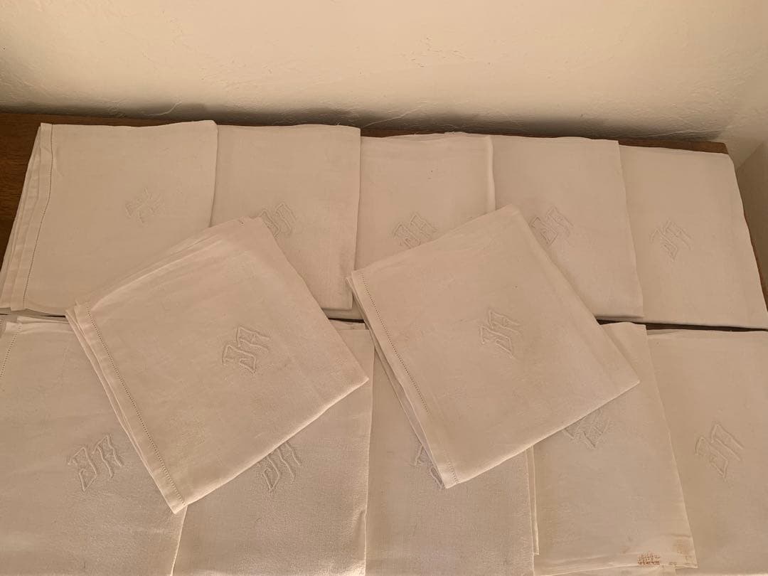 フランス　蚤の市　イニシャル刺繍　コットン　クロス　12枚セット