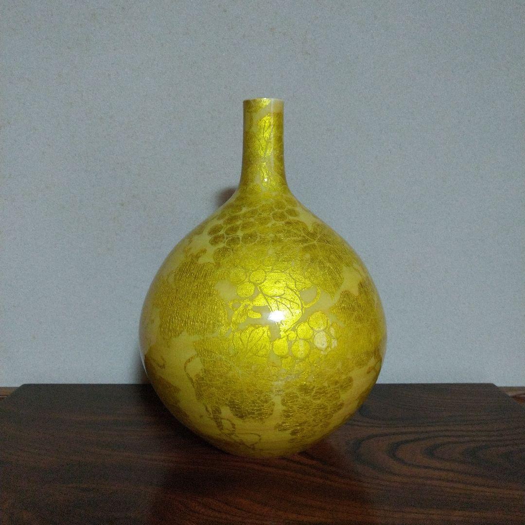小野珀子　高さ約32cm　美術館級　釉裏金彩花壷 (葡萄図絵柄大花瓶)　桐共箱