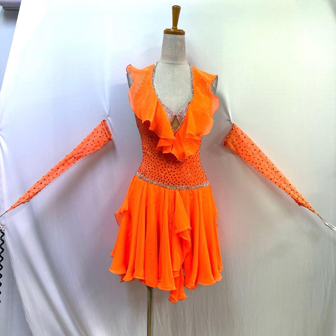 Y5931★S ネオンオレンジ スワロミックス ラテンドレス 社交ダンス