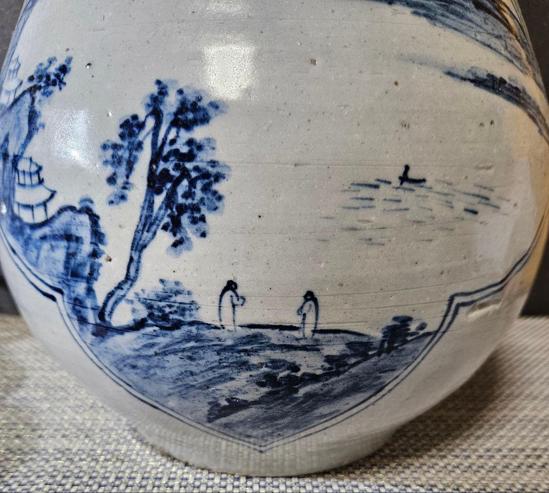 李朝　青華　染付　楼閣山水人物図　大瓶 大壺　高 約37.2cm　韓国古美術