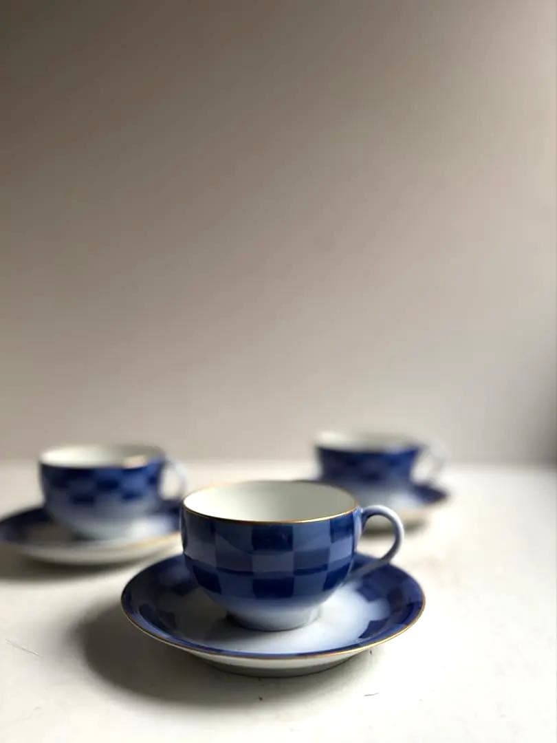 850 香蘭社 オールド香蘭社 市松文カップ&ソーサー 3点組 有田 明治 大正