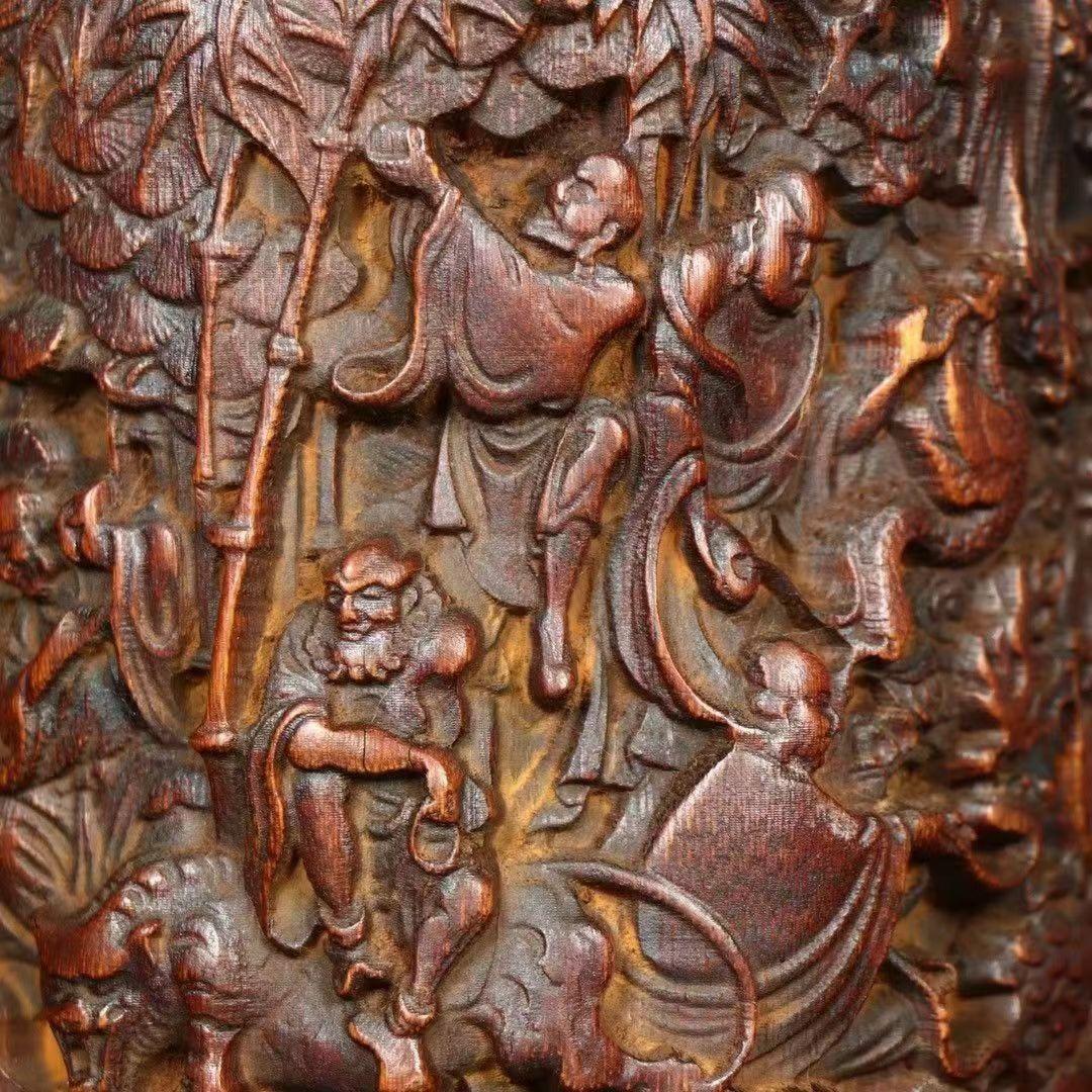 手作り 竹彫り十八羅漢筆箱 文房置物·案頭