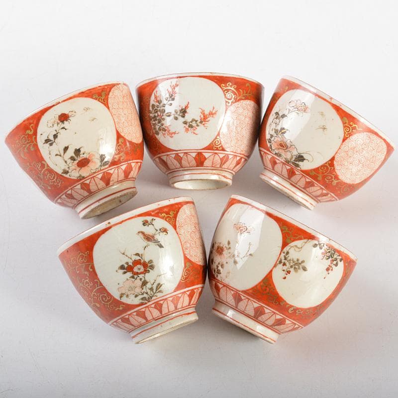 煎茶道具　九谷焼　赤絵金彩　人物花文　煎茶碗　五客　碗筒付　M　R7118