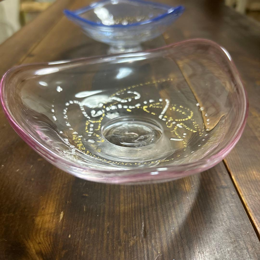 作家　ガラス作家　脚付皿　金彩銀彩　吹きガラス　刻印あり　作家物