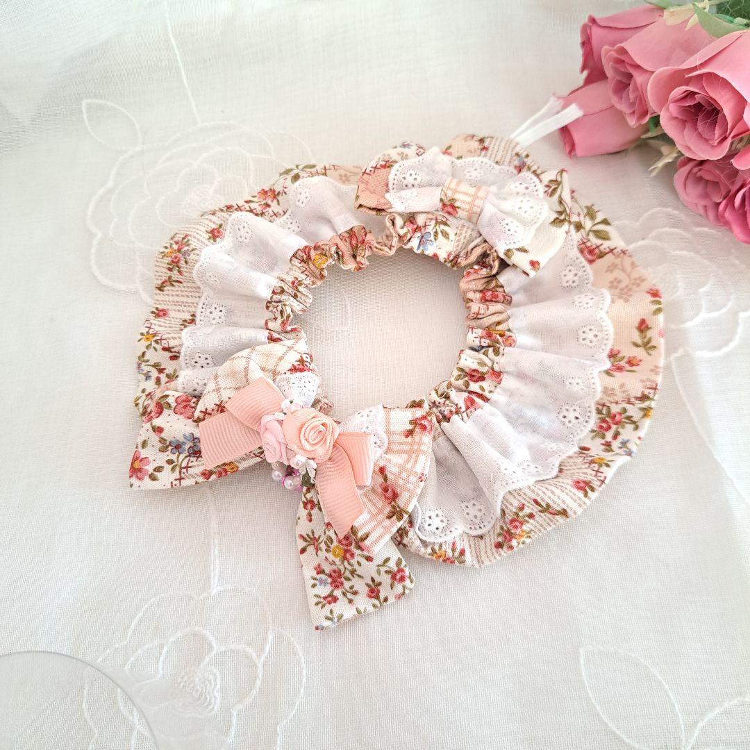 ss55、幅広シュシュ(カントリーパッチワークピンク)わんちゃん猫ちゃん用