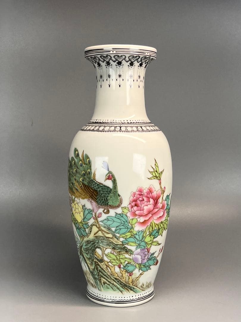 中国古美術　江西景徳鎮　花瓶　花立　インテリア　手描き　美品　陶芸　高さ25cm