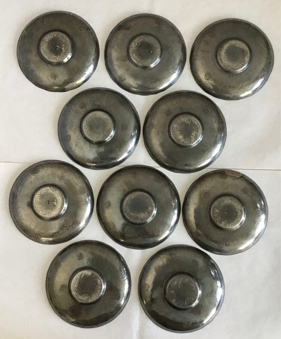 茶道具　純銀茶托大10枚　一鳳斎造と錫製(推定)茶托小5枚　共箱　S1012CT