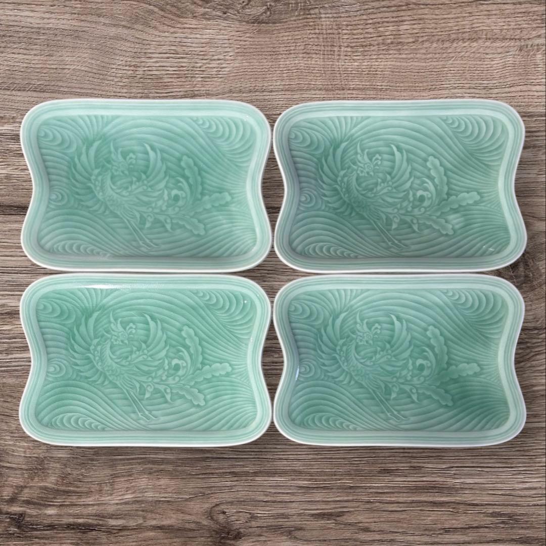 [4枚セット] 青磁 鳳凰 長角皿 在銘 角皿 陽刻 陶器 和食器 料亭 割烹