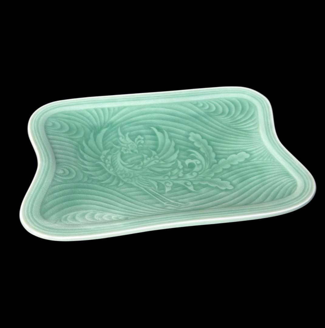 [4枚セット] 青磁 鳳凰 長角皿 在銘 角皿 陽刻 陶器 和食器 料亭 割烹