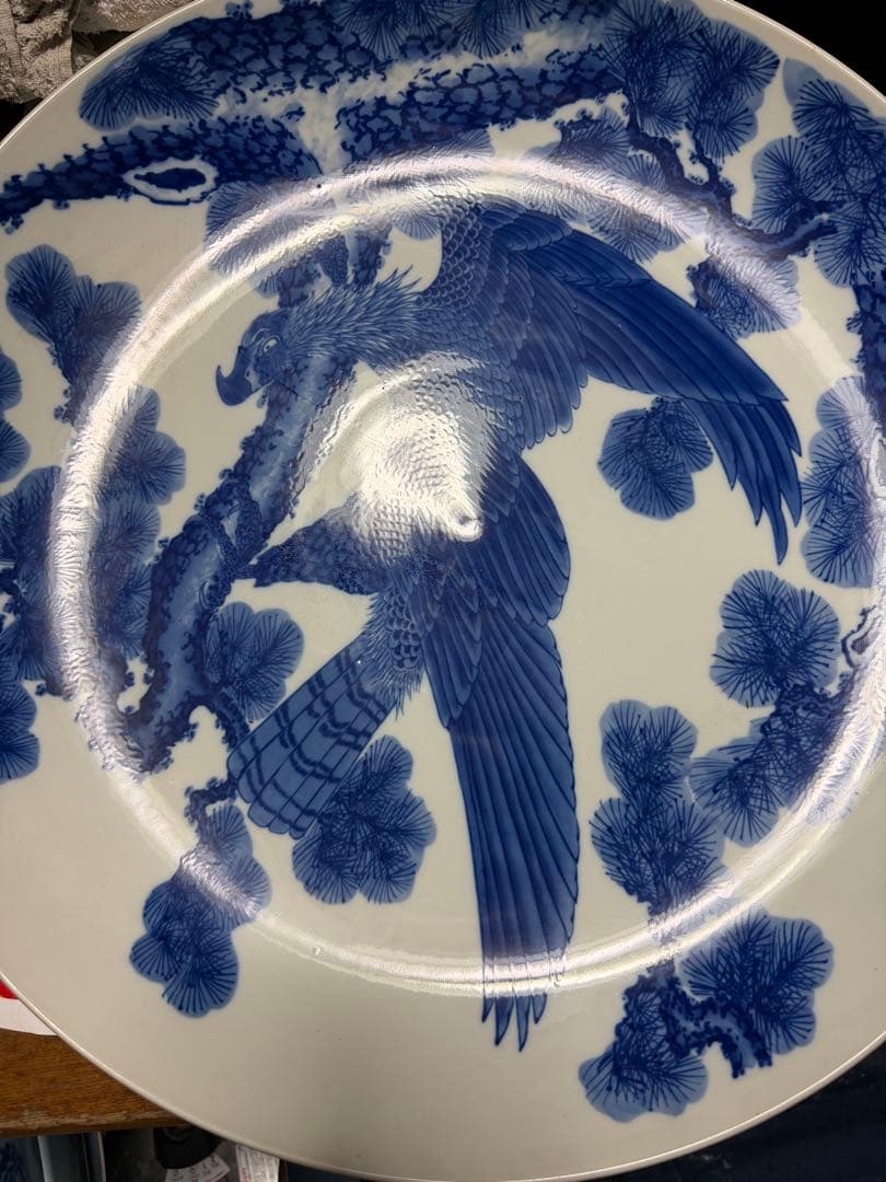 青い鳥と松のデザイン陶器皿 54cm