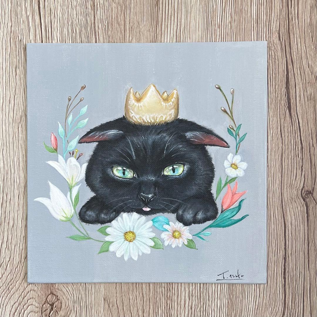 黒猫　愛猫の誕生日　アクリル画　開運絵画