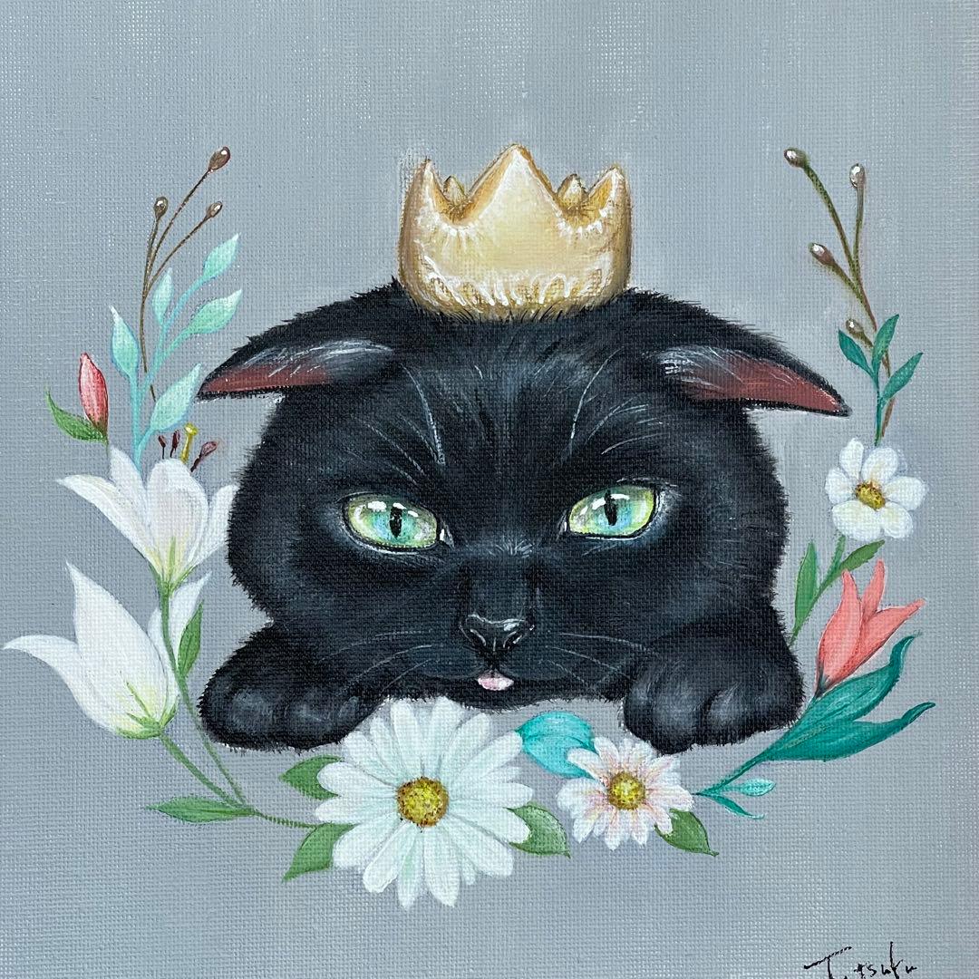 黒猫　愛猫の誕生日　アクリル画　開運絵画