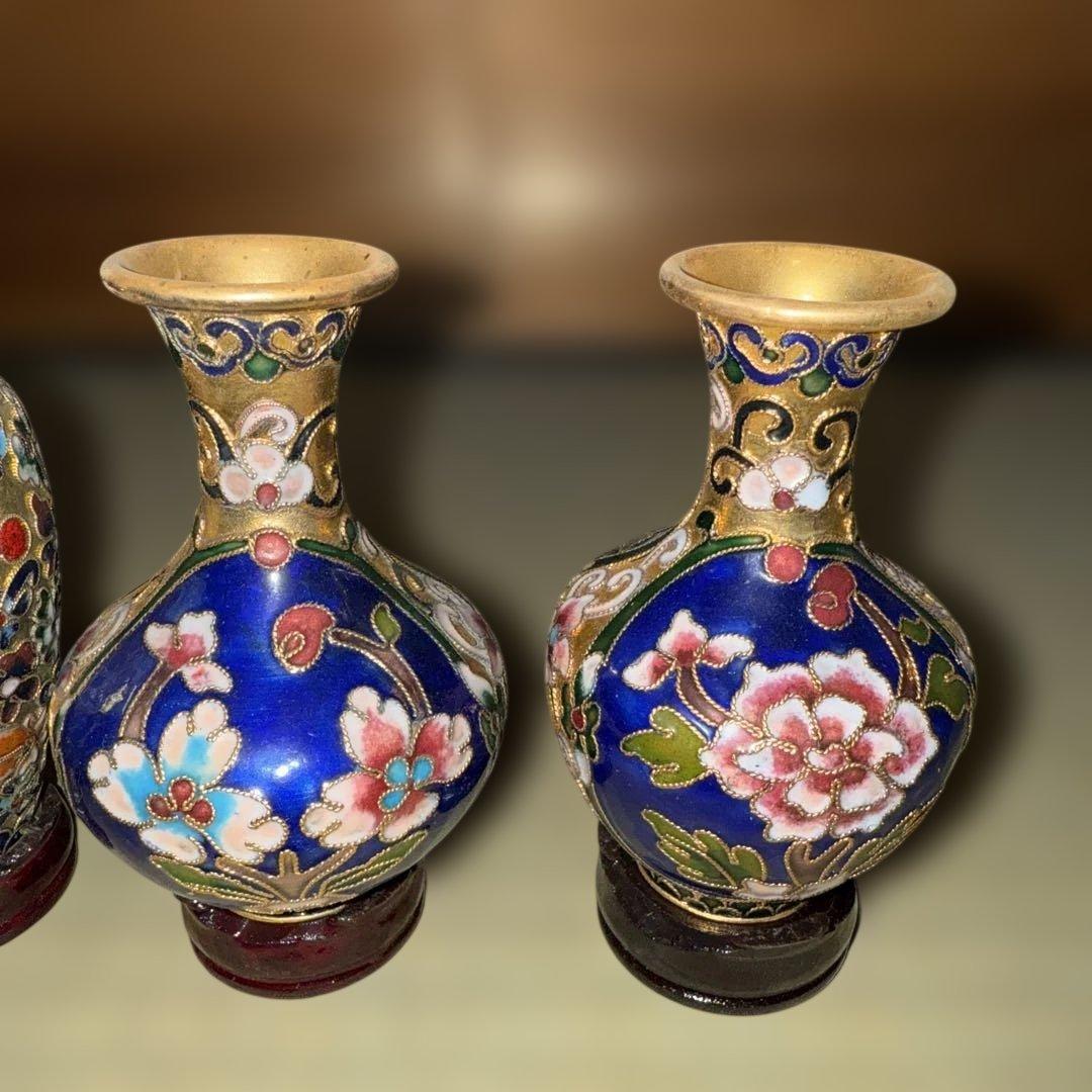 骨董品 エナメル装飾の金属花瓶セット 5点