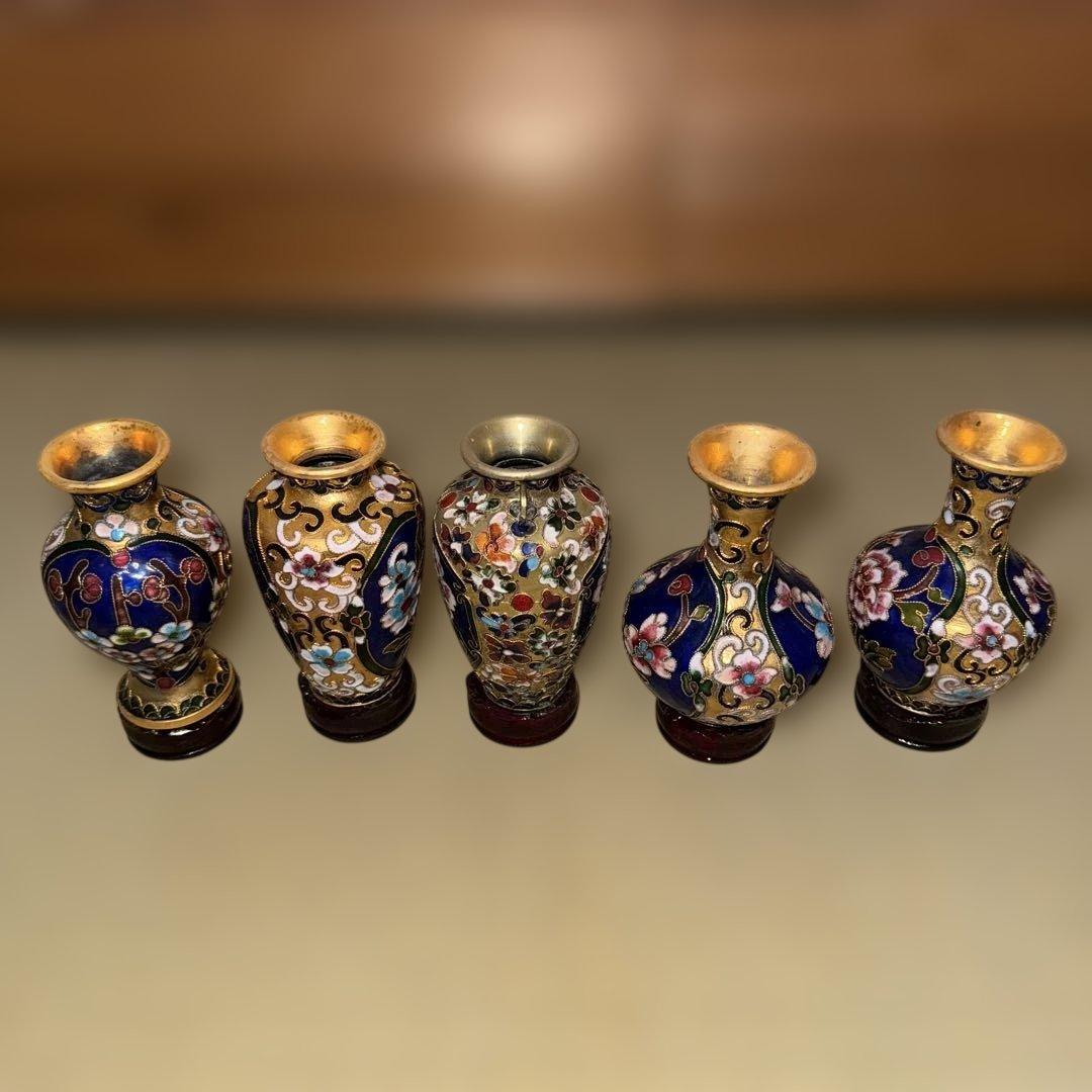 骨董品 エナメル装飾の金属花瓶セット 5点