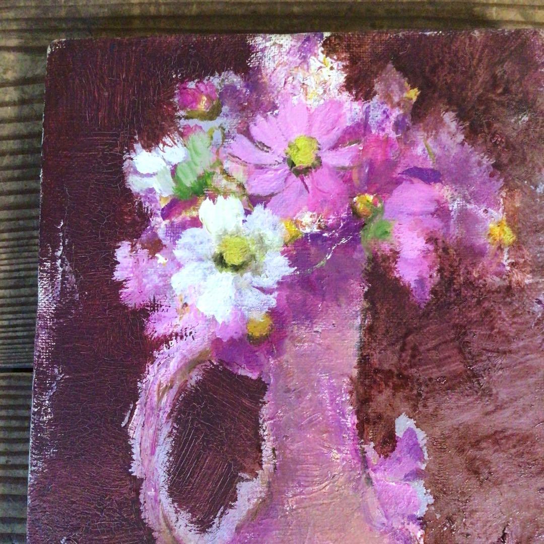 No4033 額装　中島絹子「コスモス」　油彩画　SM号　裏書有　箱付　送料無料