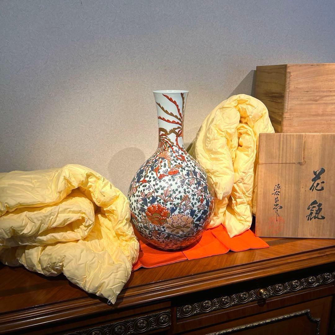 ご売約・館林源右衛門作　超大型　色絵金彩　牡丹唐草鳳凰文瓶　共箱　外商