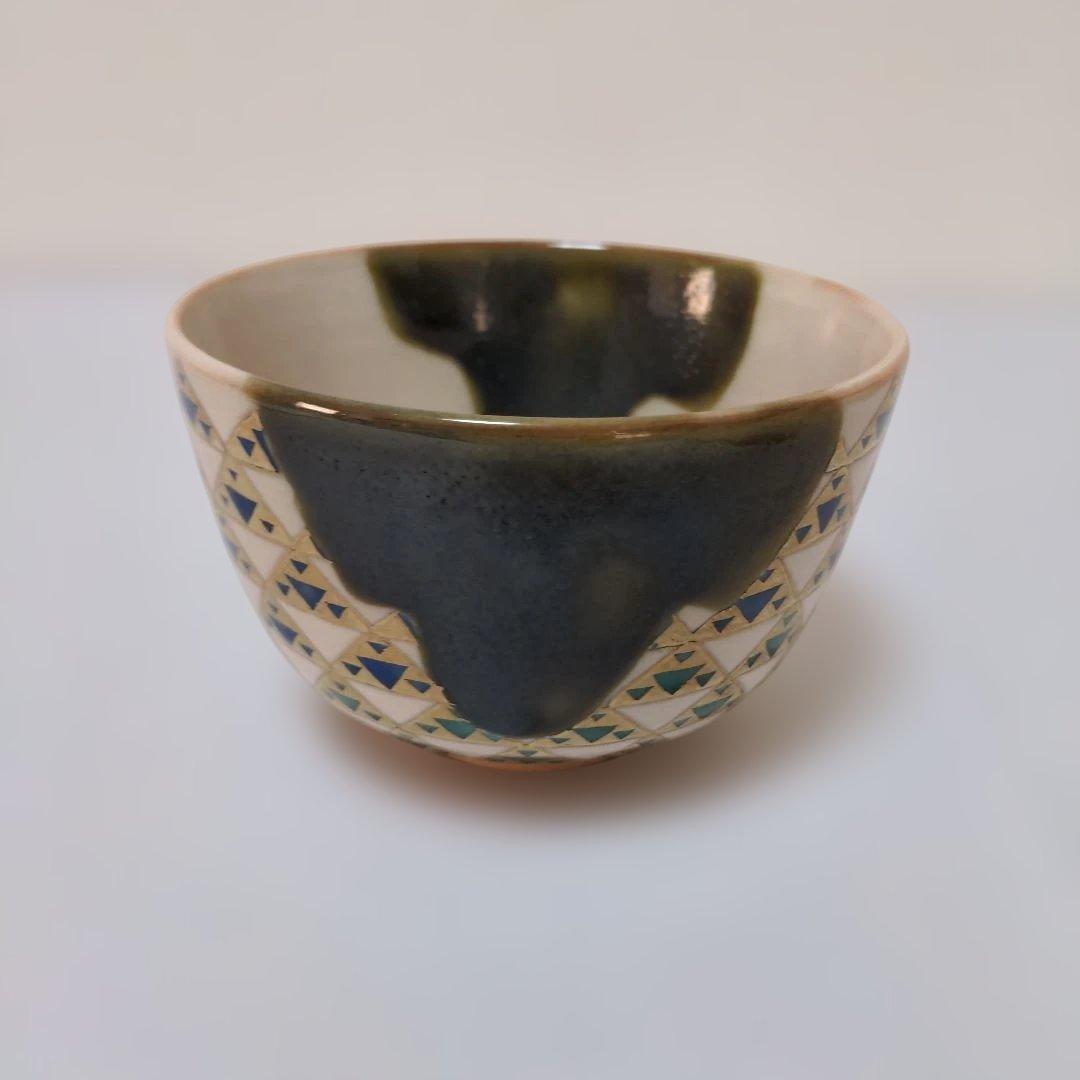 【⑧】伝統工芸士 上山善峰造 織部釉 鱗紋 抹茶碗 共箱 茶道具