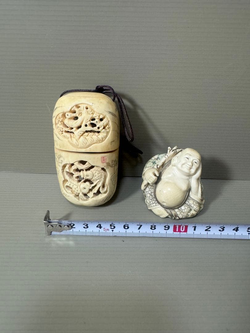 2122 骨董　根付布袋様七福神　根付彫刻煙草入れ　時代物