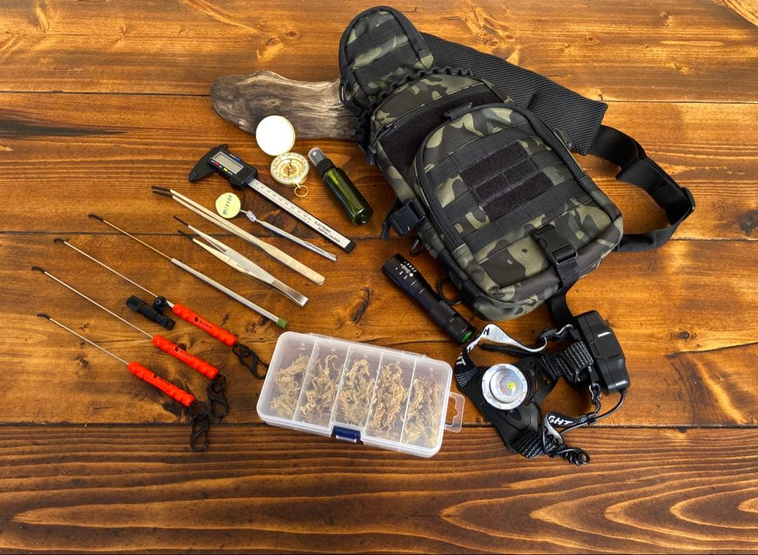 クワガタ採集セット　オリジナルかき出し棒　採集道具　迷彩柄　採集ケース　オレンジ