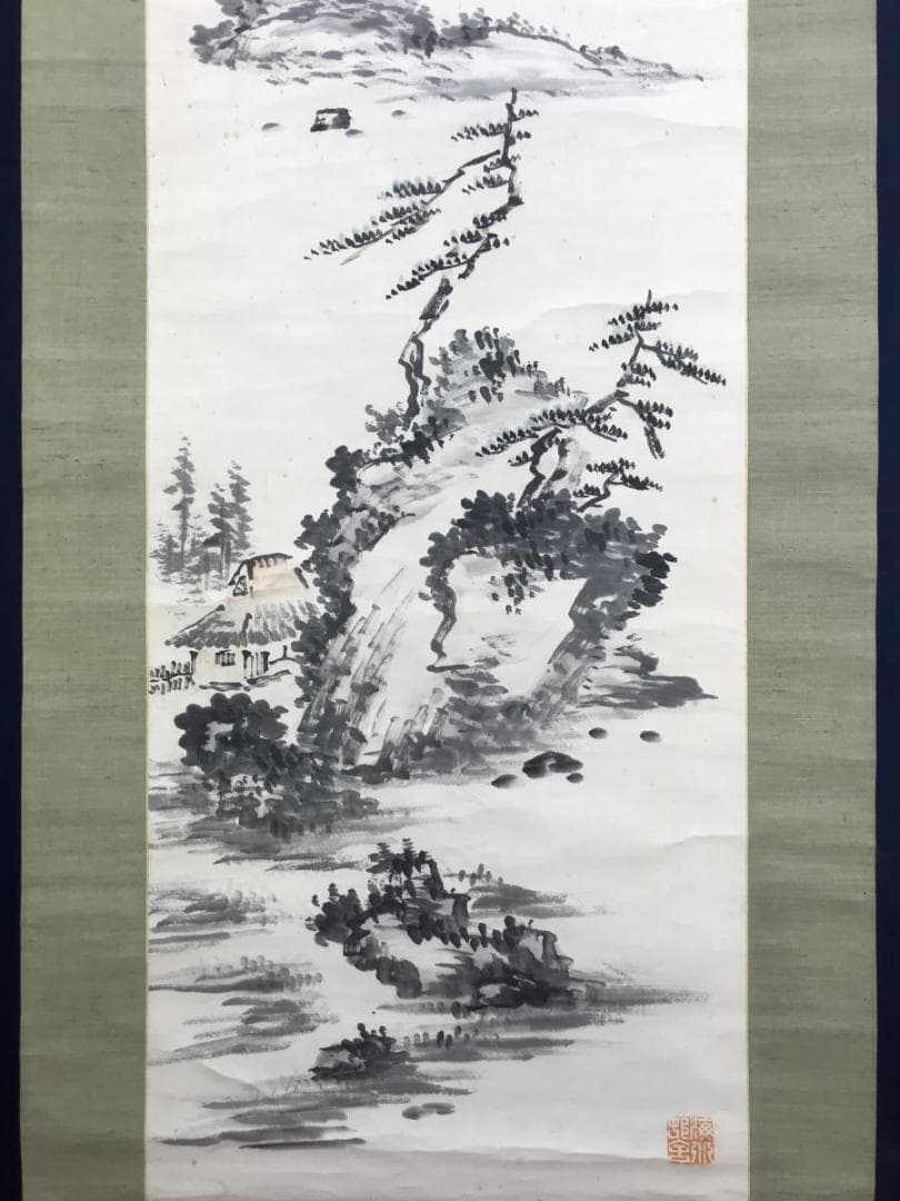 【複製】田中柏陰/湖舟山水画賛/山水図/掛軸☆宝船☆AD-491