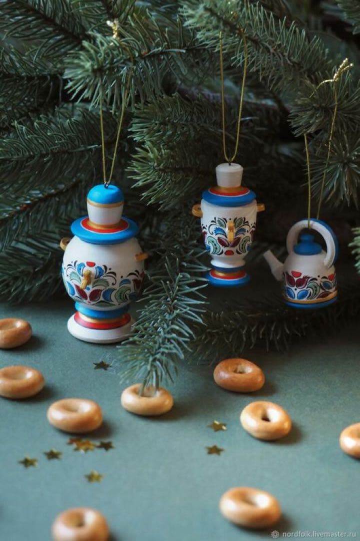 ロシア雑貨☆サモワール&ティーポットのオーナメント3個 マトリョーシカ オリガ作