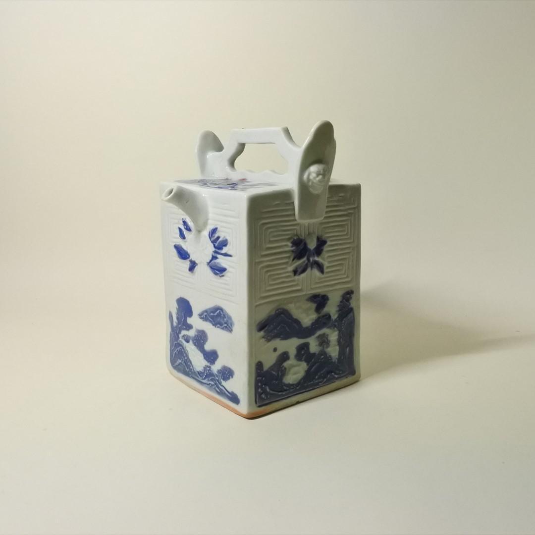 江戸後期　平戸焼　染付　辰砂　角水注　角徳利　持手付　骨董品　アンティーク　i