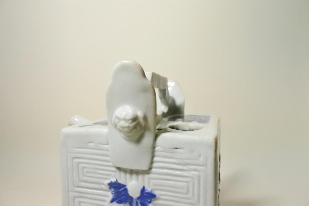 江戸後期　平戸焼　染付　辰砂　角水注　角徳利　持手付　骨董品　アンティーク　i