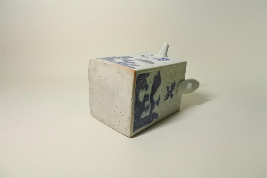 江戸後期　平戸焼　染付　辰砂　角水注　角徳利　持手付　骨董品　アンティーク　i