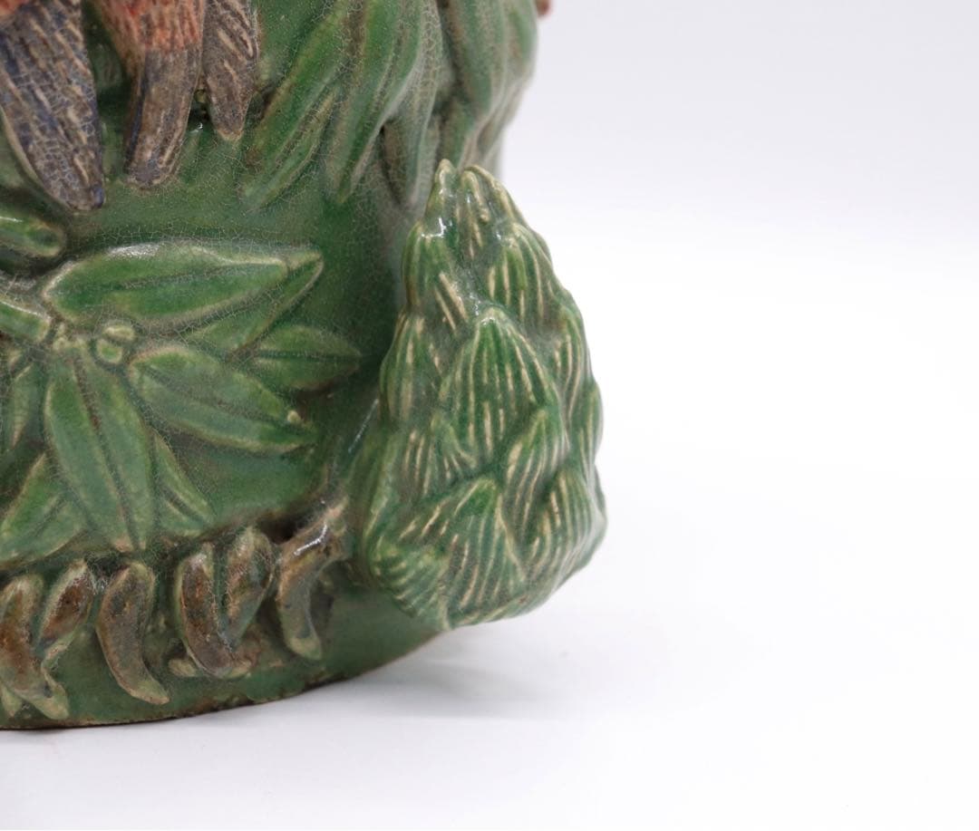 中国　緑釉竹雀　筆入　易叟居　送料込み0225