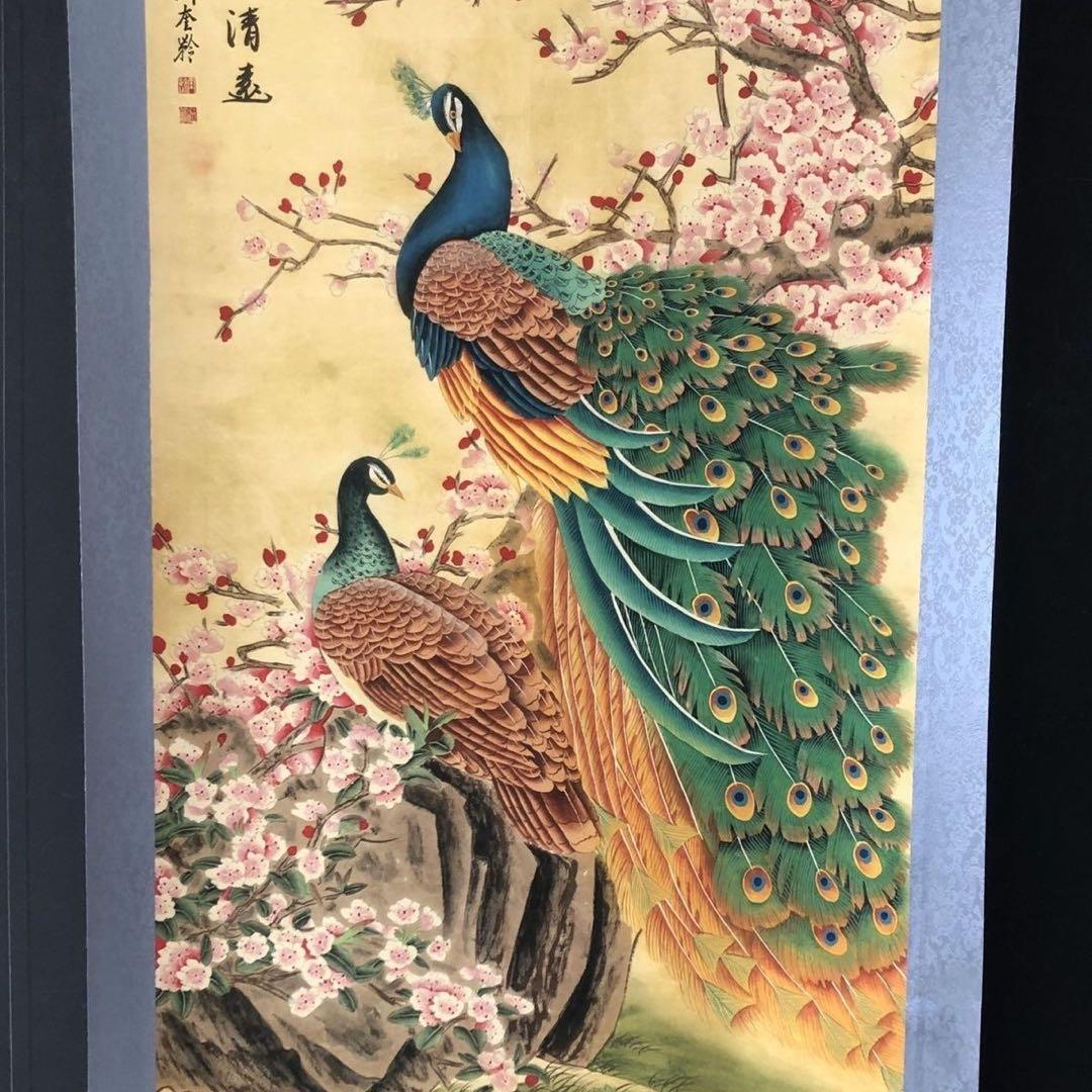 劉奎齢 花鳥画 掛け軸 中堂 孔雀図 中国画 表装済 サイズ：174×77cm