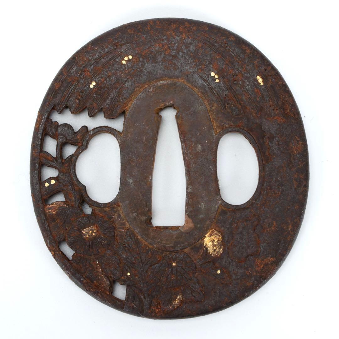 【時代物】日本刀 拵え一式 五種 鮫皮巻 黒呂塗 蜘蛛椿花図 刀装具 武士具