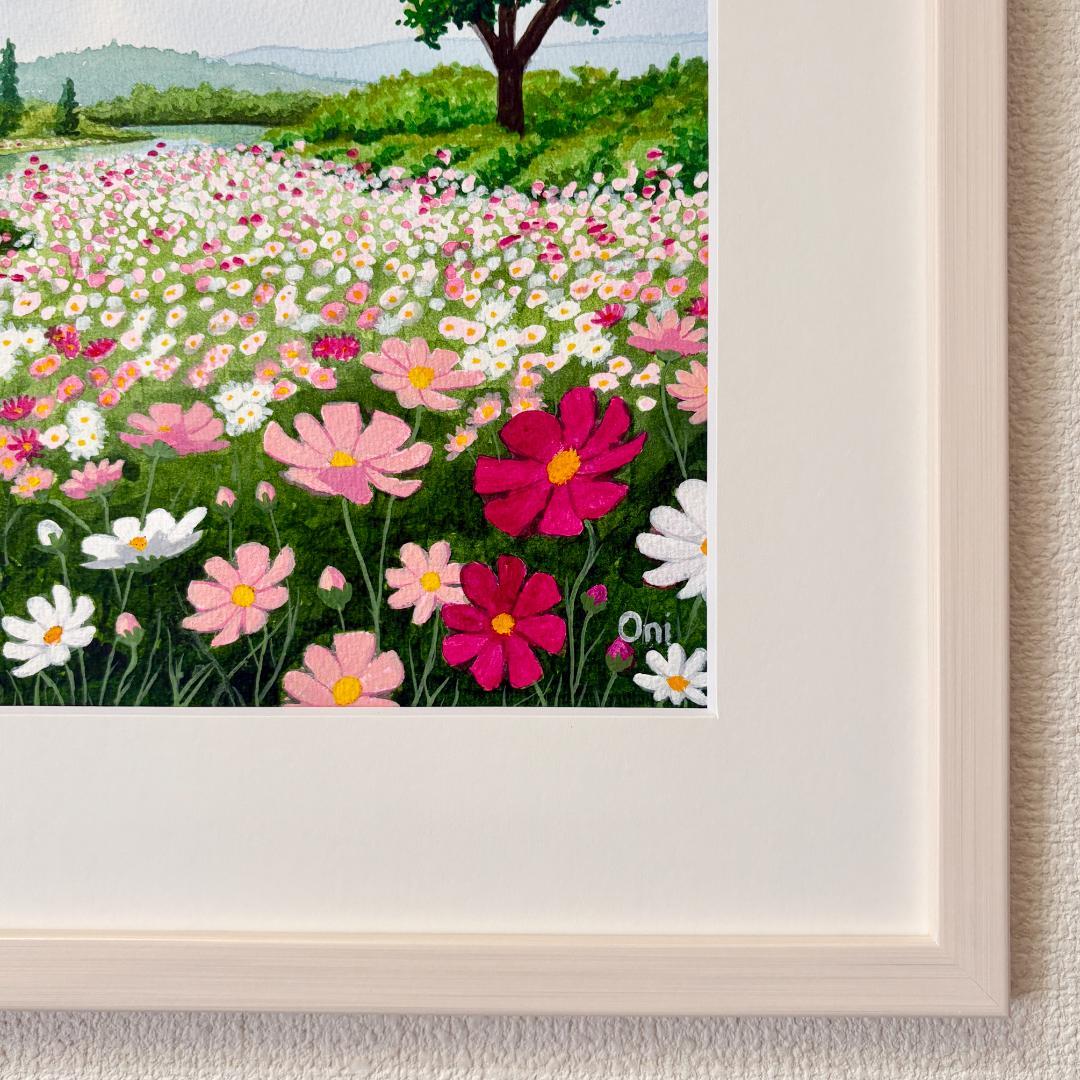 透明水彩画　原画　「コスモスの川辺」額縁付き　F4サイズ　風景画