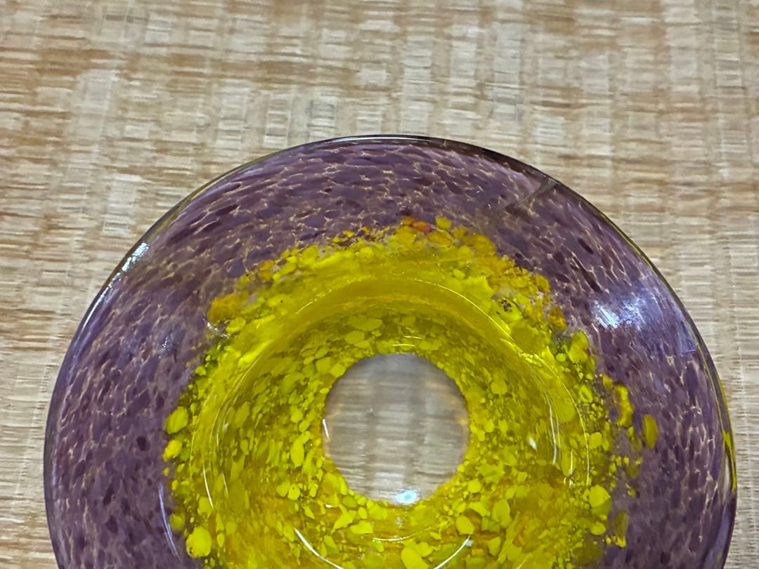 岩田ガラス 硝子 紫と黄色 ガラス皿 灰皿 【岩田藤七】共箱
