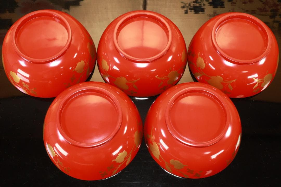 nori、時代漆器　輪島塗　草花金蒔絵　吸物椀　五客　木製 BJ128