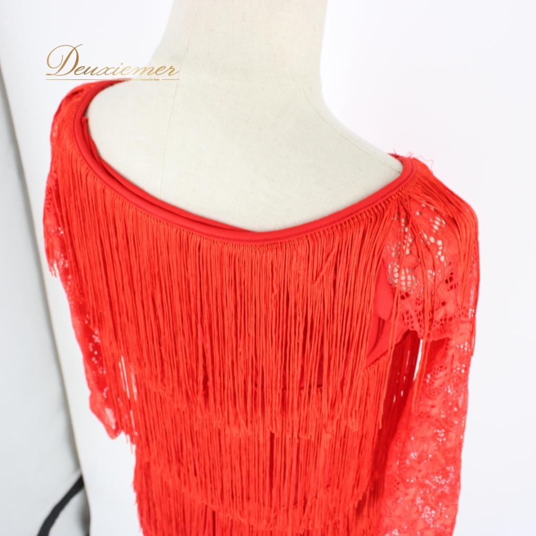 【美品 社交ダンス衣装】上下セット ラテン Lサイズ 赤 レッド レース 派手