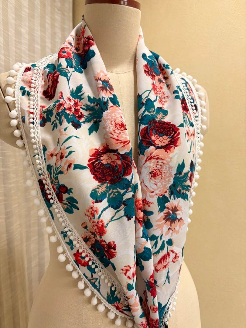 ZOO　赤オレンジバラ柄エプロン　ターコイズ水玉　ピンクポンポン