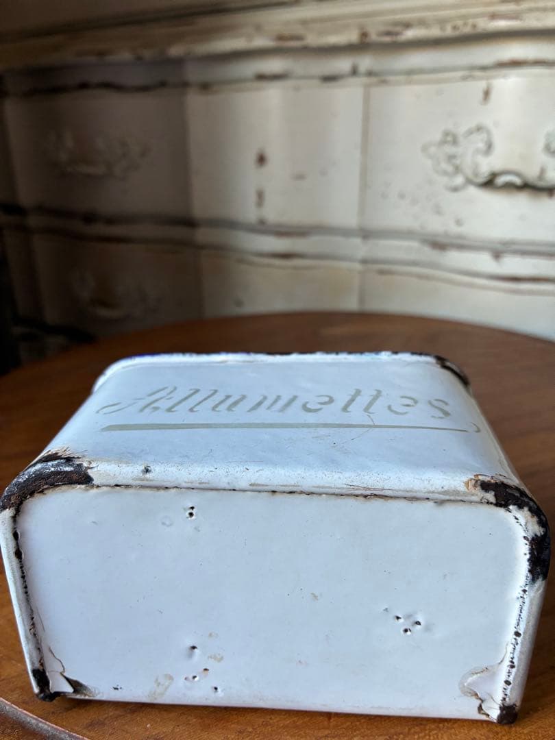 フランス　アンティーク　ホーロー　アリュメット缶　マッチ入れ　ホワイト　②