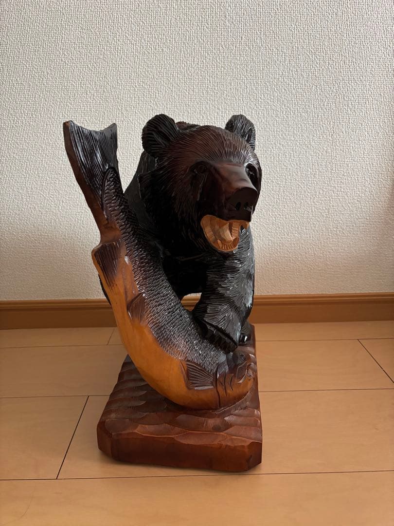 【大型40cm】北海道 木彫り熊 鮭持ち 八雲系風 無銘 民芸品 置物
