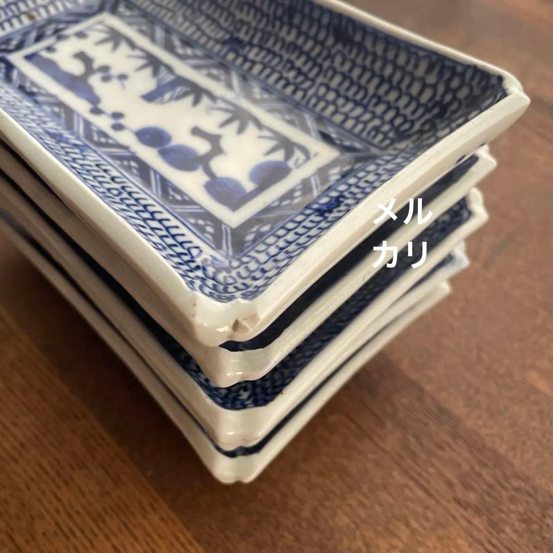 古伊万里染付　微塵唐草　松竹梅　五客揃　長皿5客　骨董アンティーク　隅入角皿