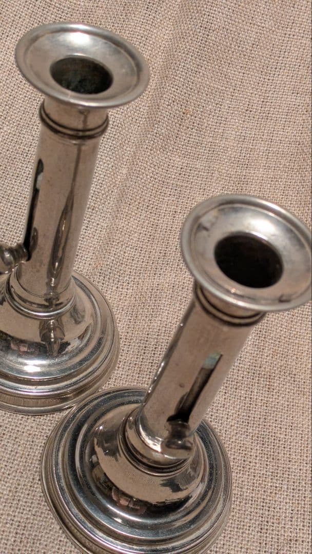 【完動良品】フランスアンティーク 高さ調節可能な蝋燭台 レア銀色2個 25-D